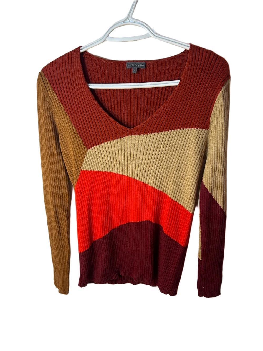 Vince Camuto Ribbed Knit Top in Burnt Orange Colour block size M